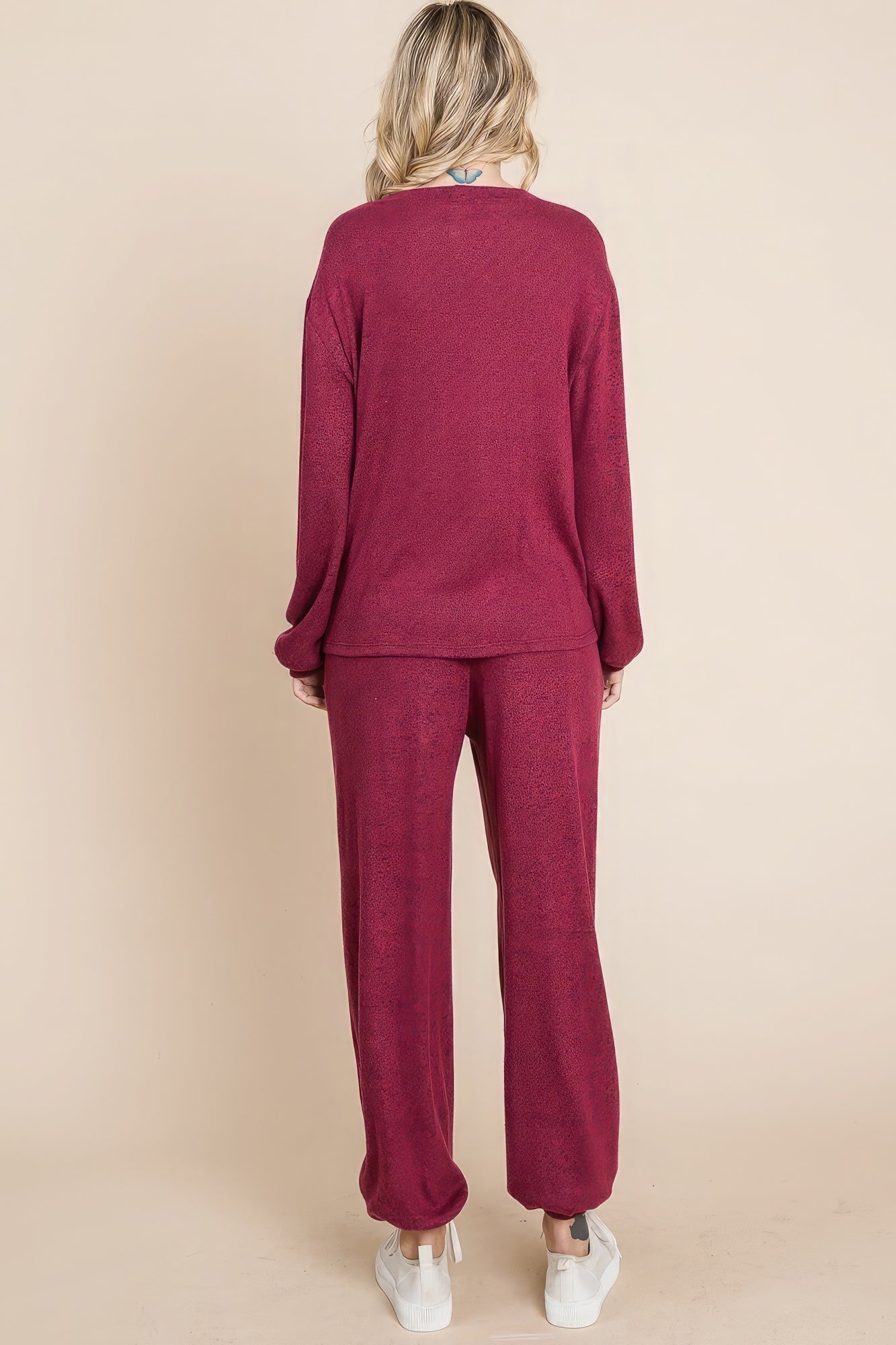 Two Tone Solid Warm And Soft Hacci Brush Loungewear Set