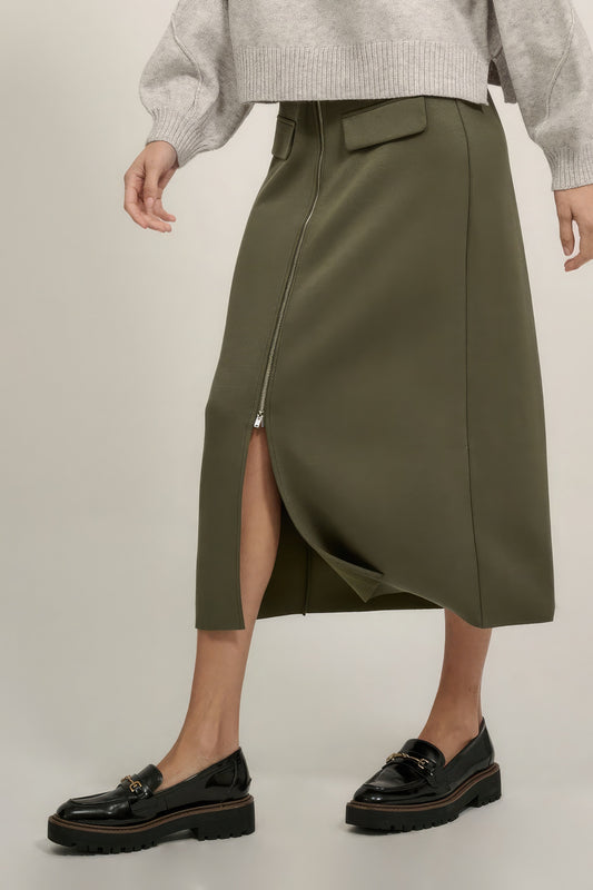 Solid High Waist Zipper Front Slit Midi Skirt
